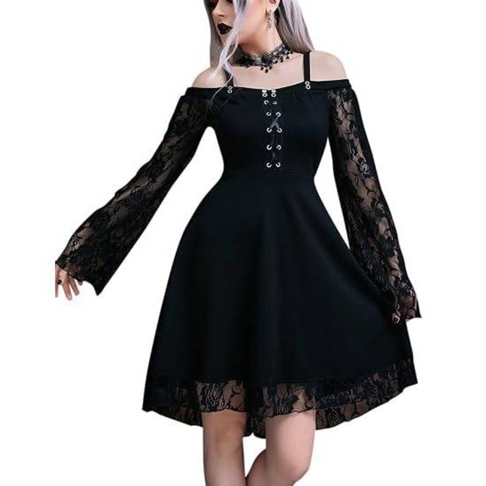 Black Gothic Lace Sleeve Cold Shoulder Dress XL Whimsigoth Witchy Fairy Grunge